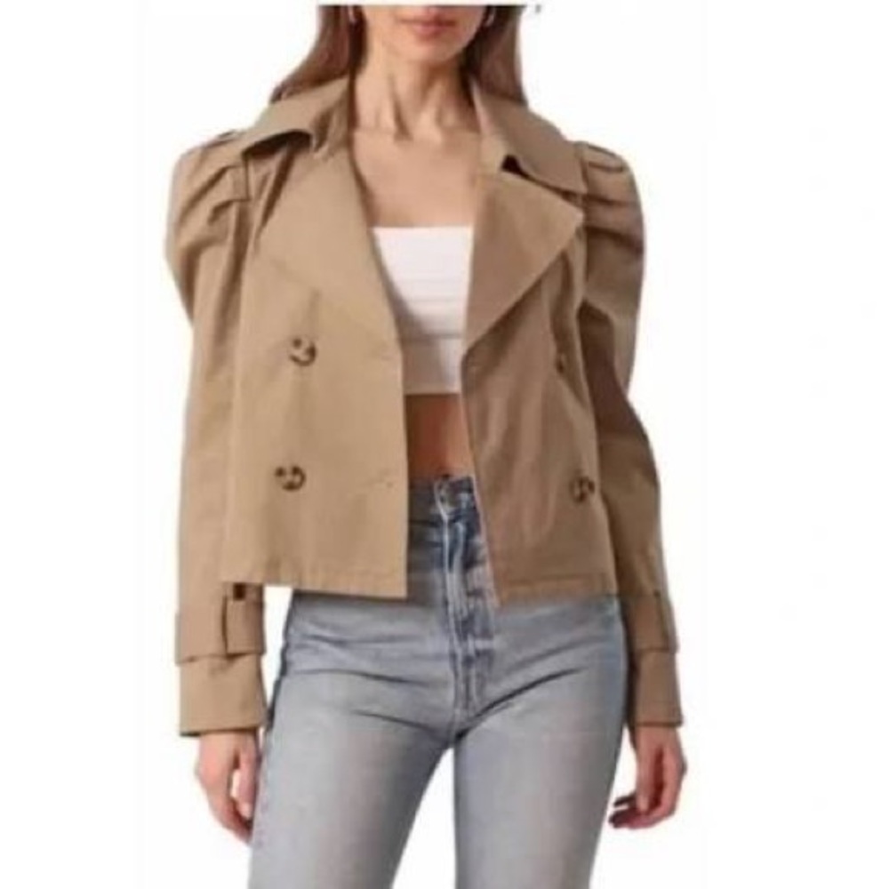 Avec Les Filles Cropped Puff Sleeve Trench Coat Tan Double Breasted XL NWT